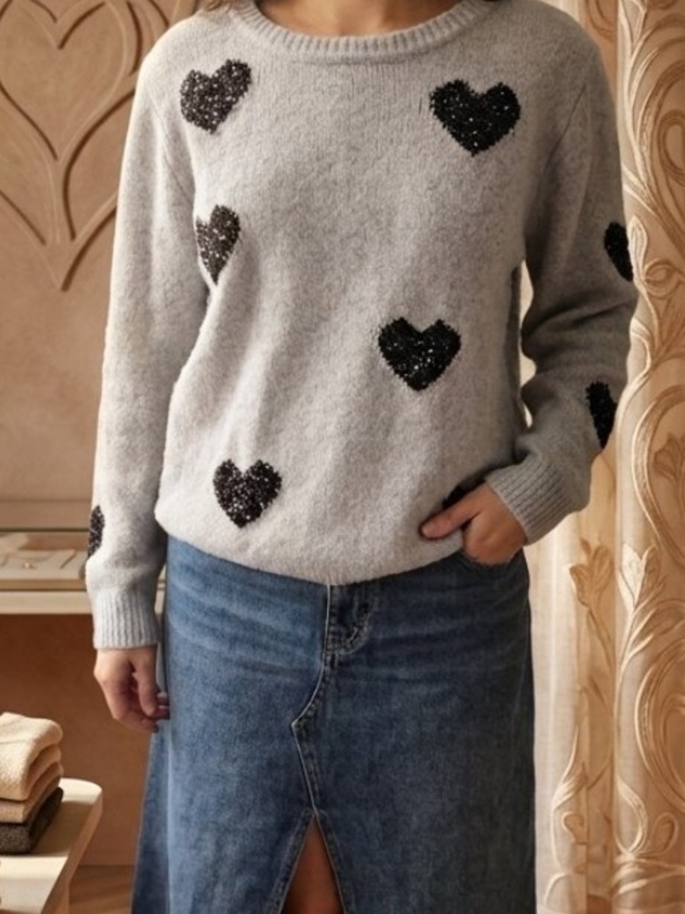 cupcakes & cashmere Grey Crewneck Sweater with Black Sequin Hearts